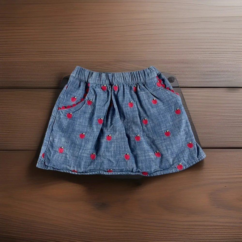 Gymboree Girls Skirt Size 6 Blue‎ Denim Embroidered Apples Pockets Cotton
